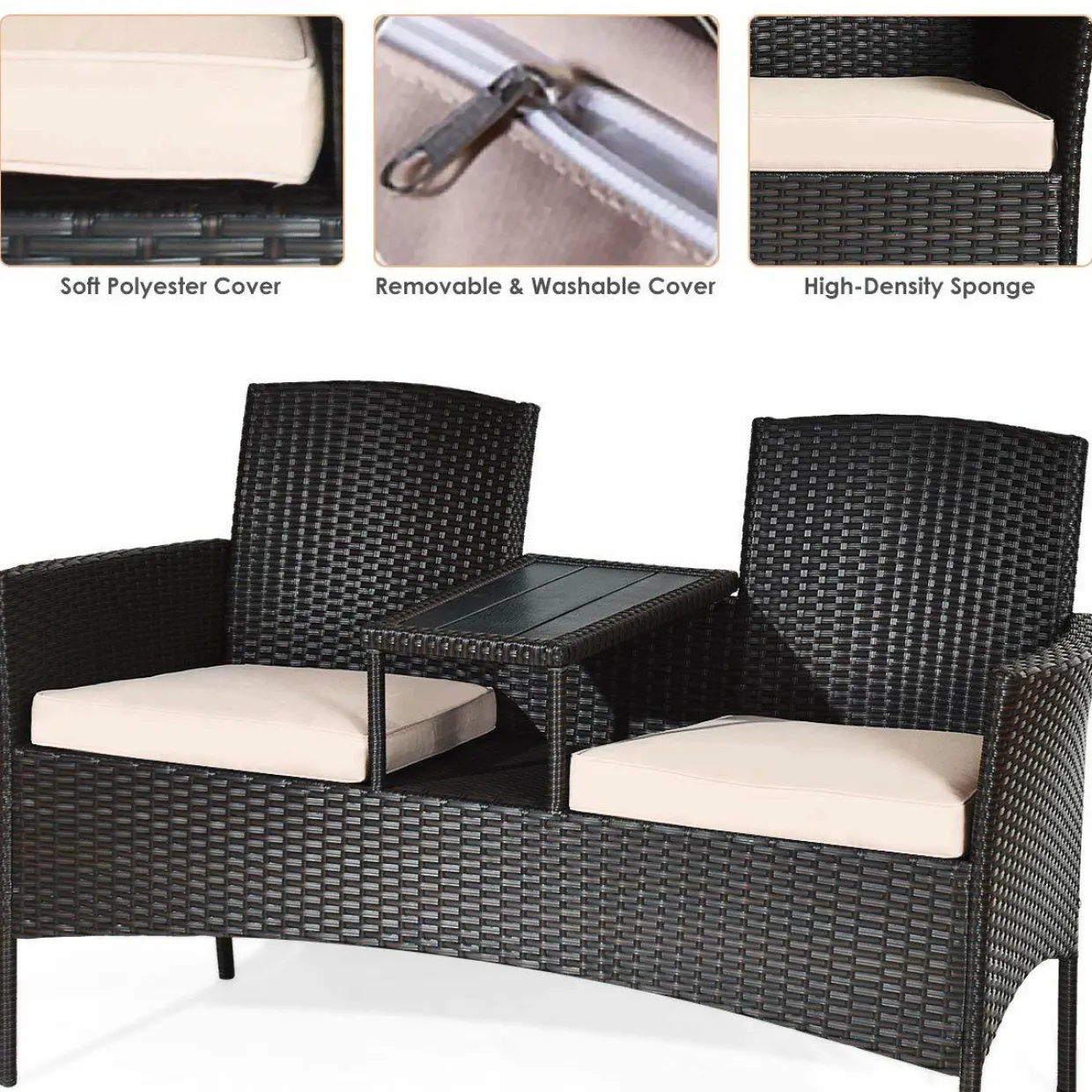 Outdoor Rattan Loveseat, Patio Conversation Set with Cushions & Table