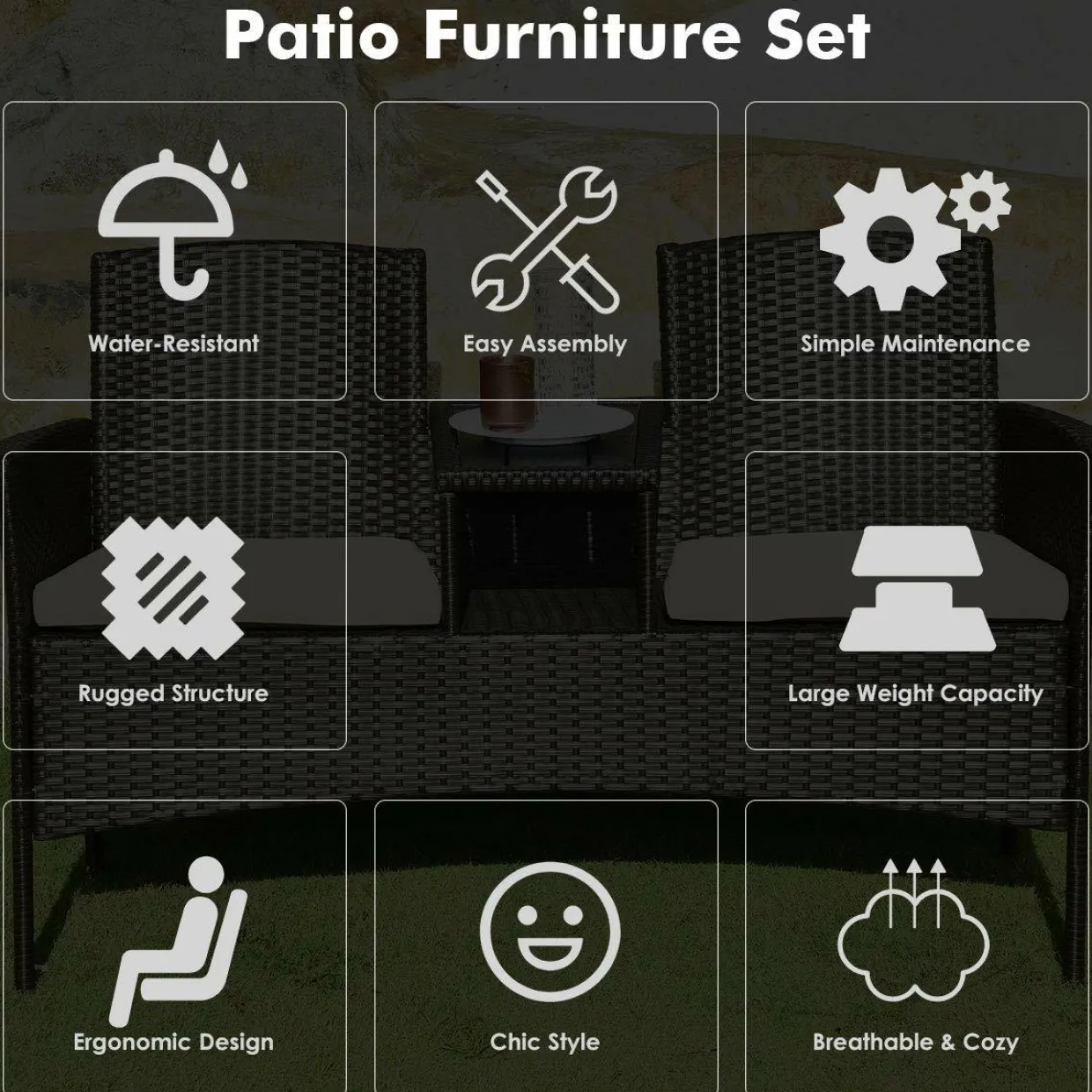 Outdoor Rattan Loveseat, Patio Conversation Set with Cushions & Table