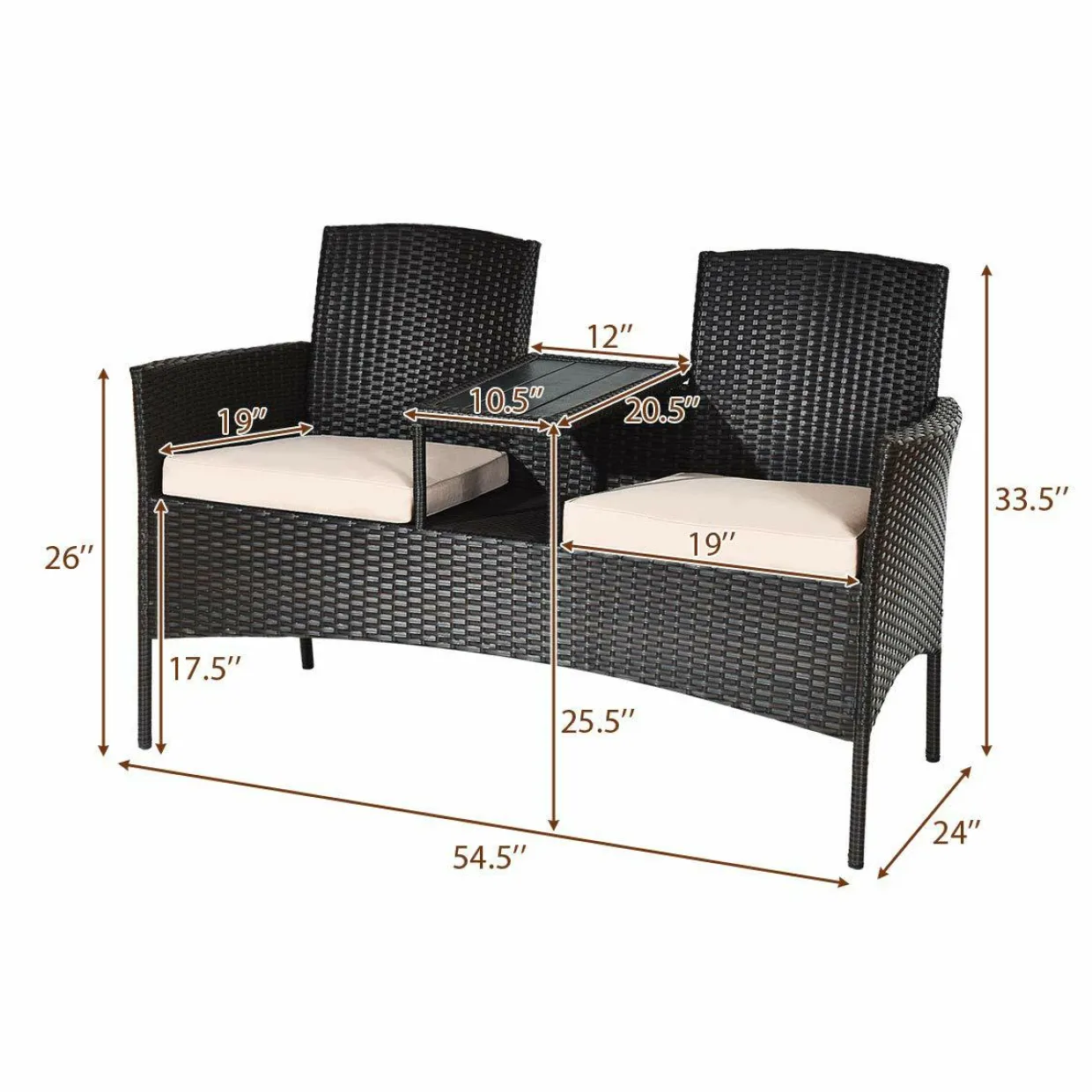 Outdoor Rattan Loveseat, Patio Conversation Set with Cushions & Table