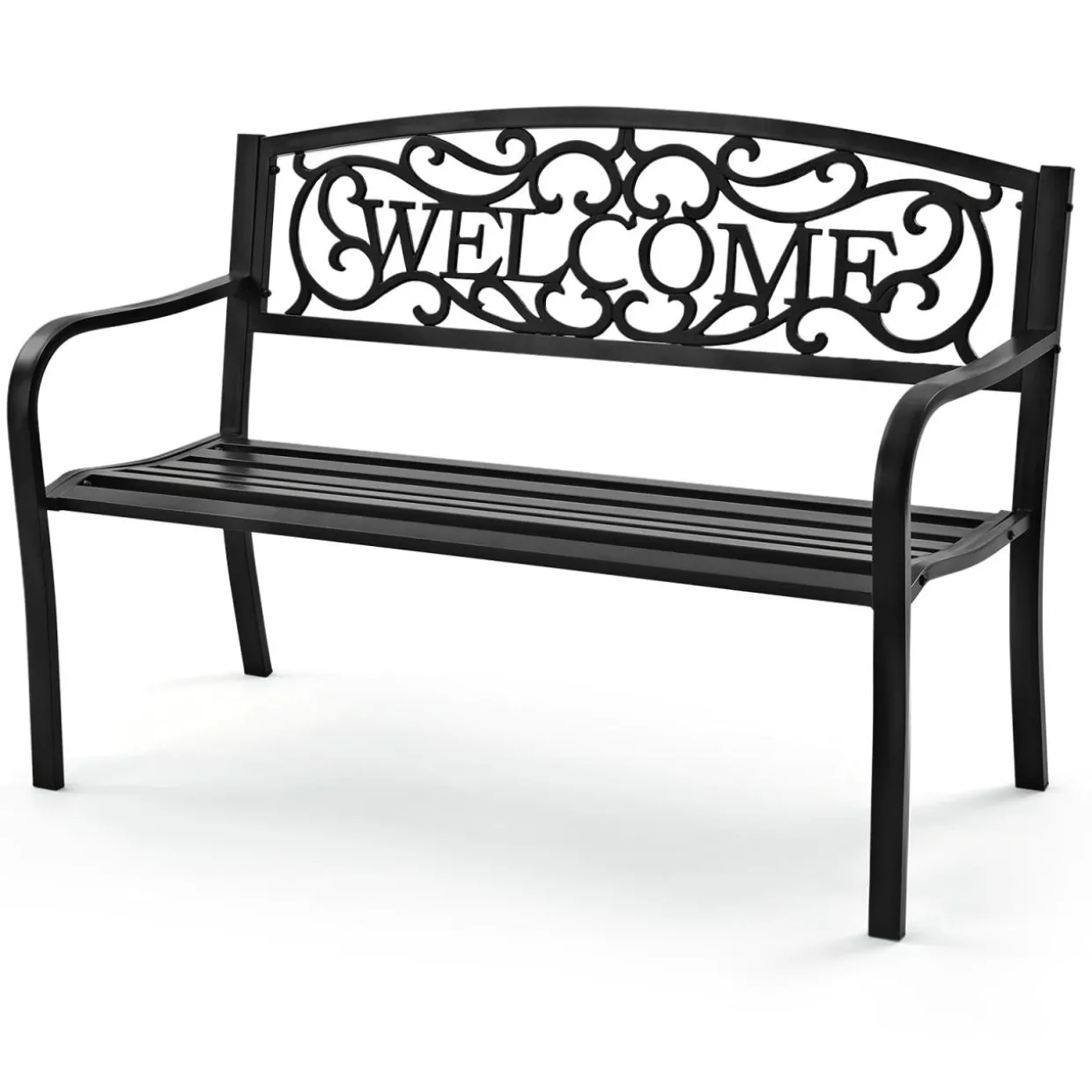 Outdoor Steel Garden Bench Park Bench, 50 Inch Patio Welcome Bench with Slated Seat & Floral Design Backrest