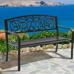 Outdoor Steel Garden Bench Park Bench, 50 Inch Patio Welcome Bench with Slated Seat & Floral Design Backrest