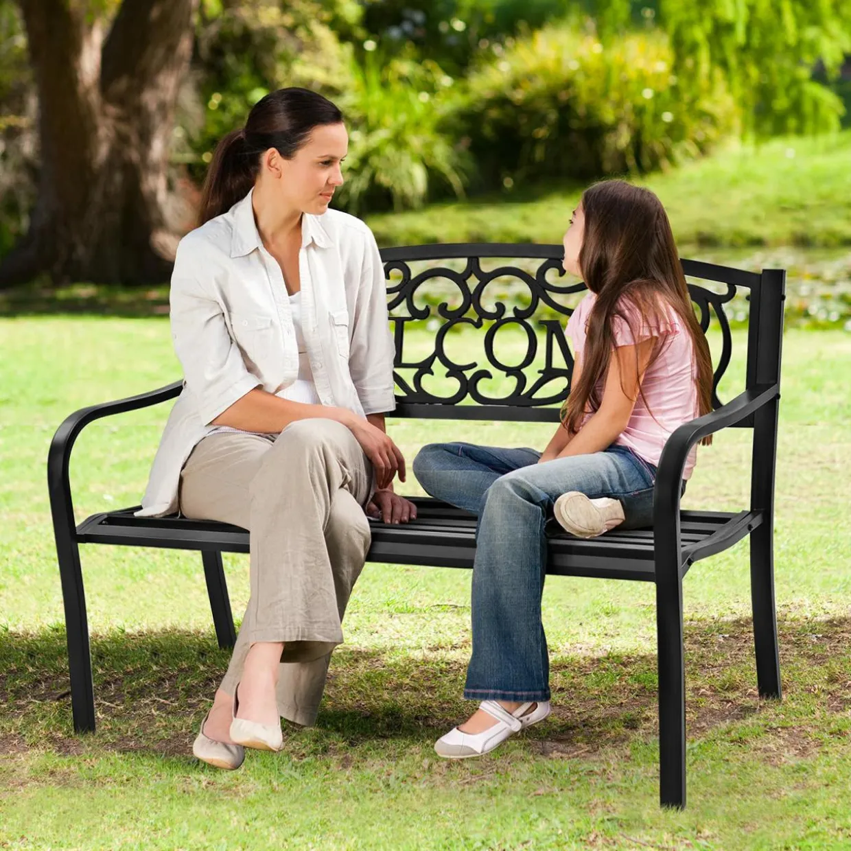 Outdoor Steel Garden Bench Park Bench, 50 Inch Patio Welcome Bench with Slated Seat & Floral Design Backrest