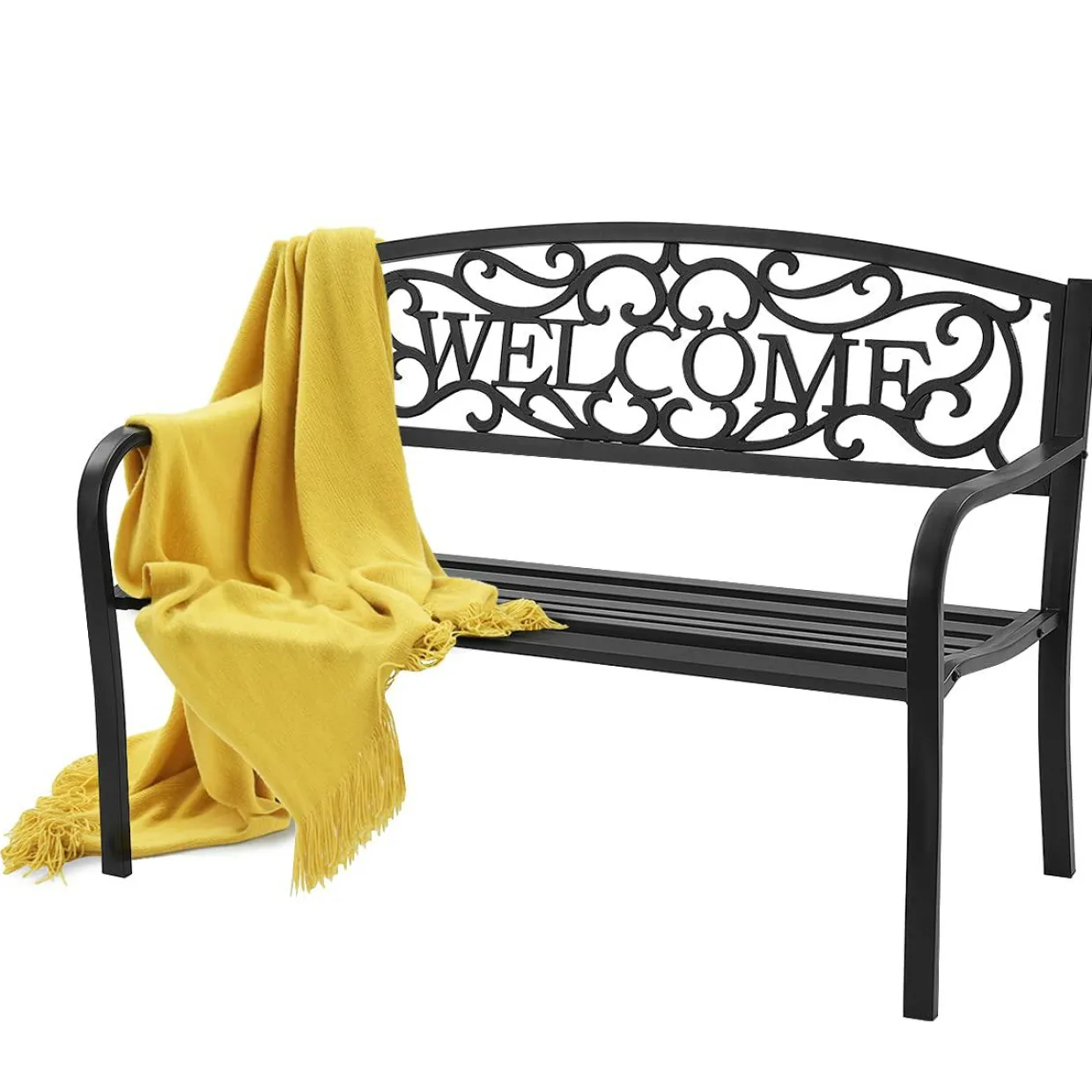 Outdoor Steel Garden Bench Park Bench, 50 Inch Patio Welcome Bench with Slated Seat & Floral Design Backrest