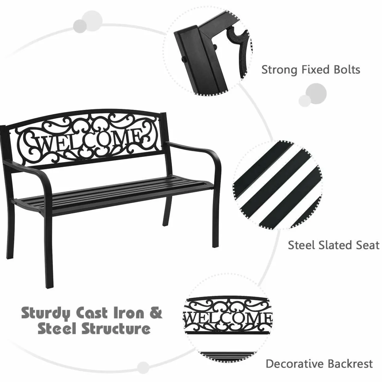 Outdoor Steel Garden Bench Park Bench, 50 Inch Patio Welcome Bench with Slated Seat & Floral Design Backrest