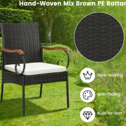 Outdoor Wicker Chair & Dining Table Set, Acacia Wood Tabletop & Armrests, 2” Umbrella Hole