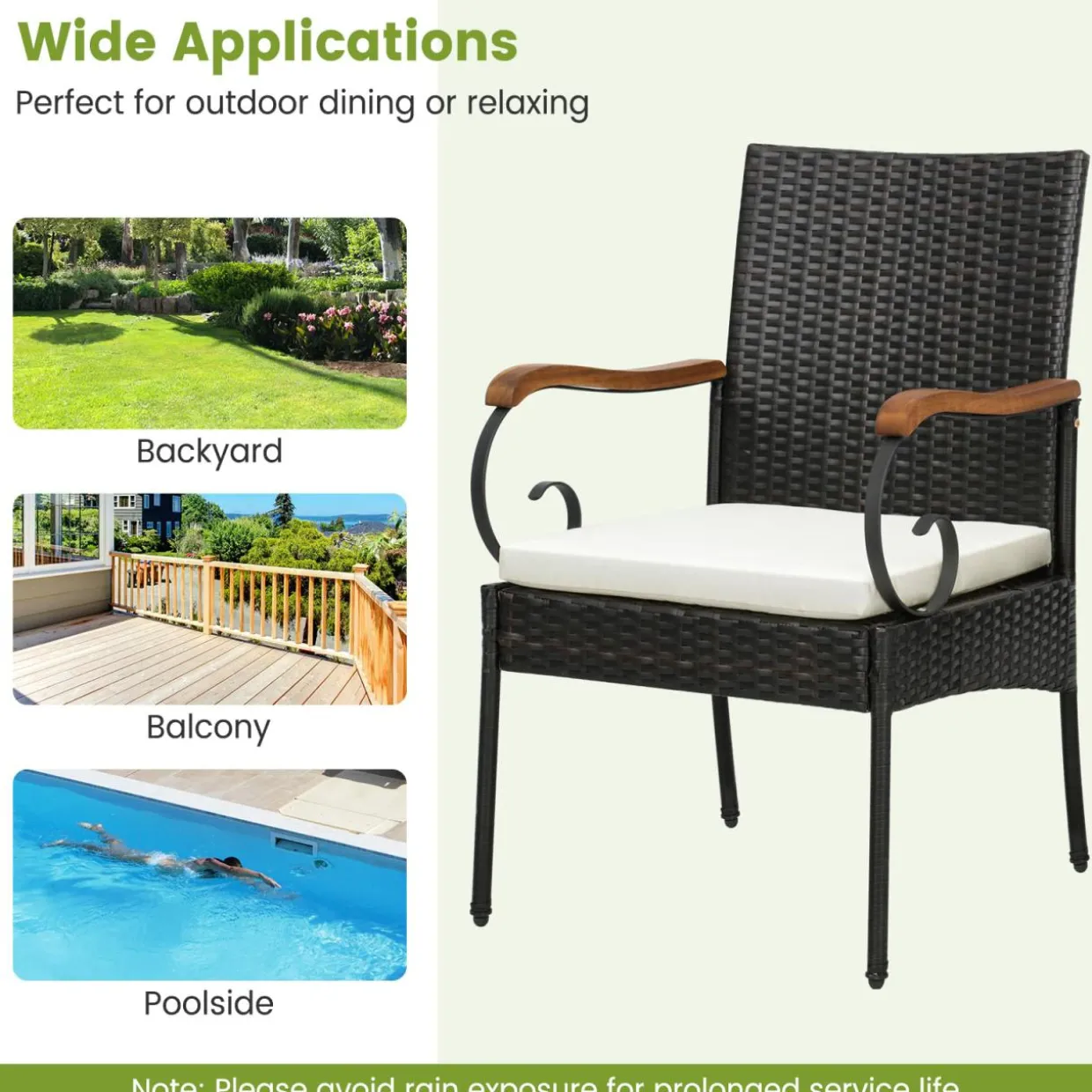 Outdoor Wicker Chair & Dining Table Set, Acacia Wood Tabletop & Armrests, 2” Umbrella Hole