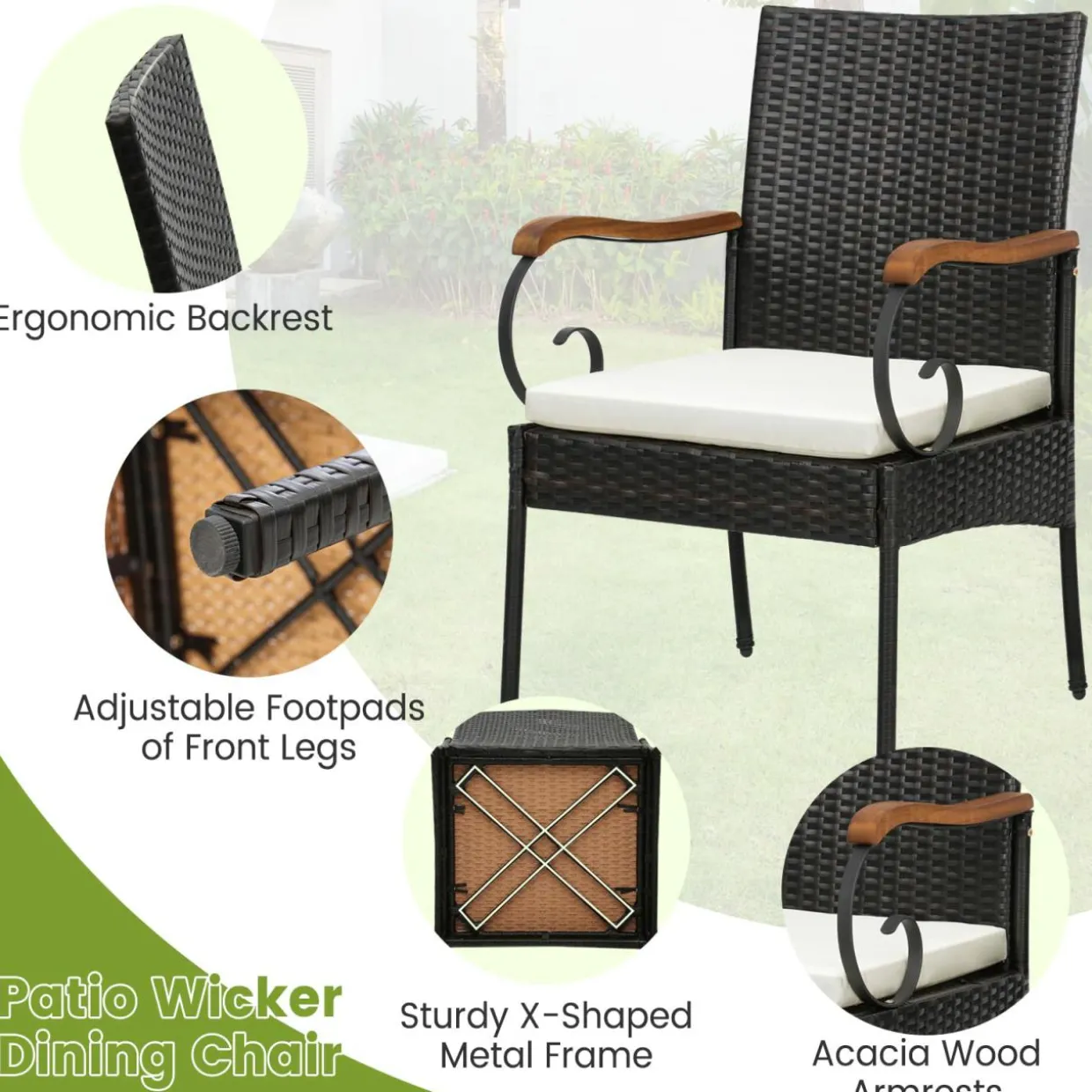 Outdoor Wicker Chair & Dining Table Set, Acacia Wood Tabletop & Armrests, 2” Umbrella Hole