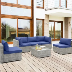 Outdoor Wicker Furniture Set with Tempered Glass Coffee Table, Comfy Seat & Back Cushions