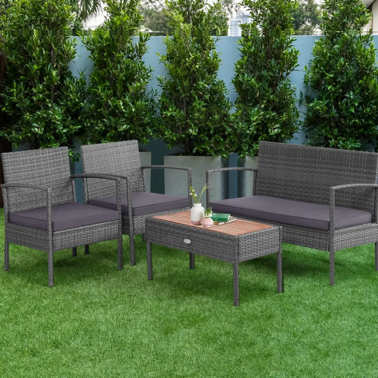 Outdoor Wicker Sofa Set W/Seat Cushions, Heavy-Duty Steel Frame, Garden