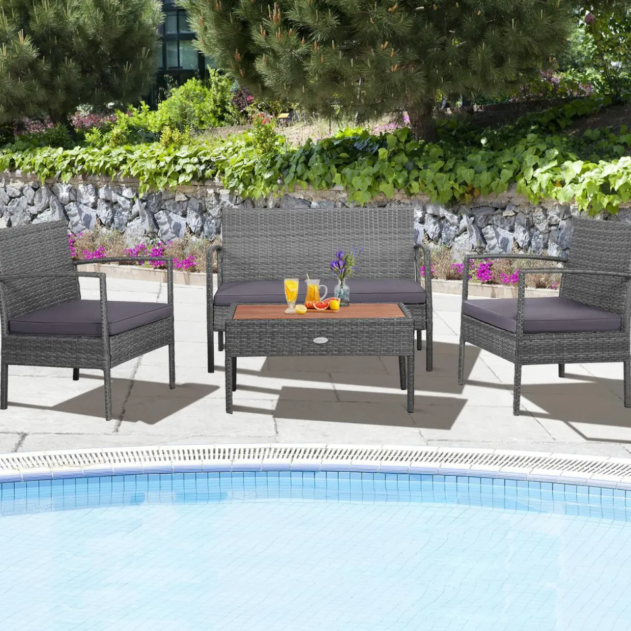 Outdoor Wicker Sofa Set W/Seat Cushions, Heavy-Duty Steel Frame, Garden