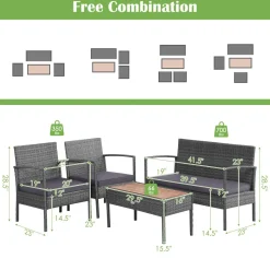 Outdoor Wicker Sofa Set W/Seat Cushions, Heavy-Duty Steel Frame, Garden