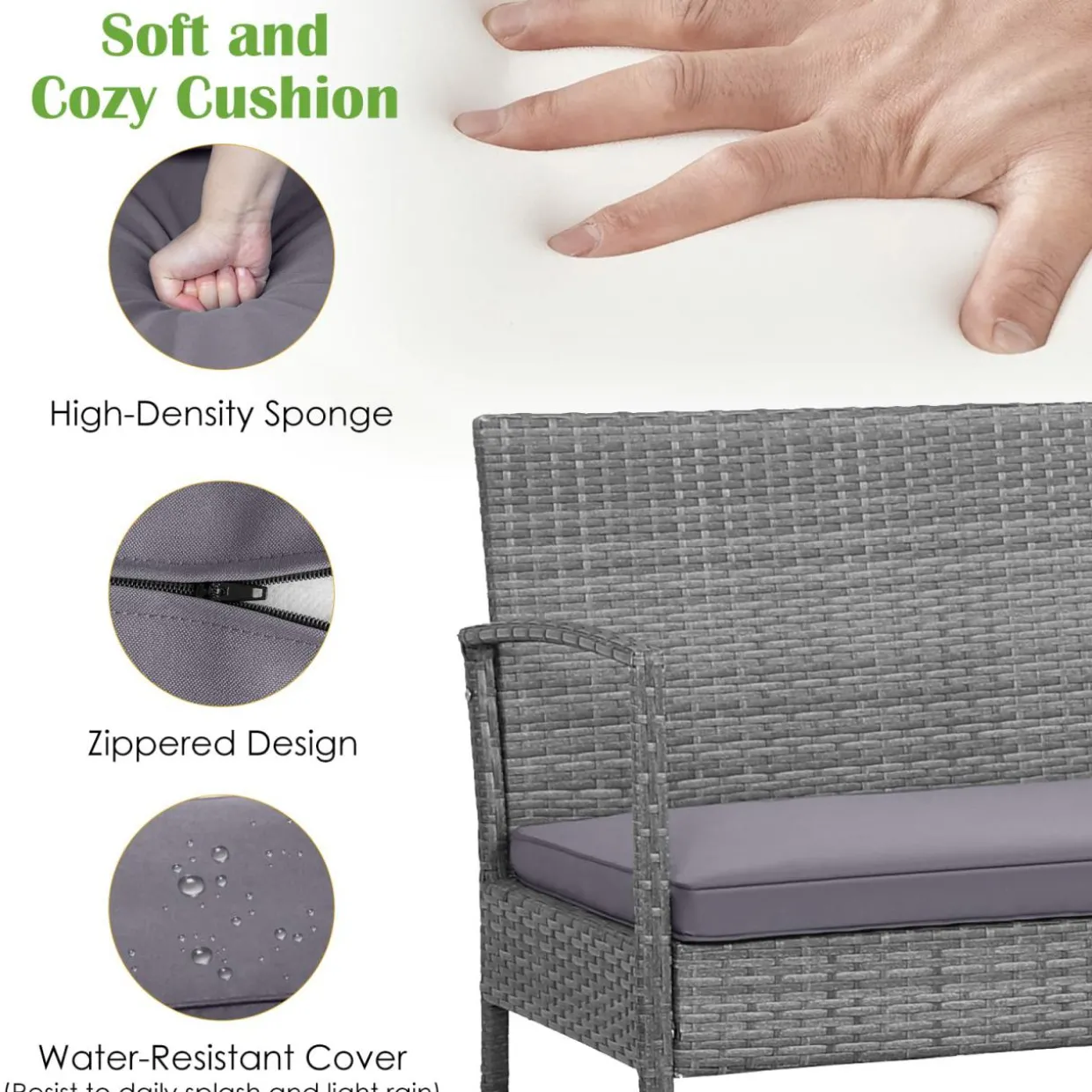Outdoor Wicker Sofa Set W/Seat Cushions, Heavy-Duty Steel Frame, Garden