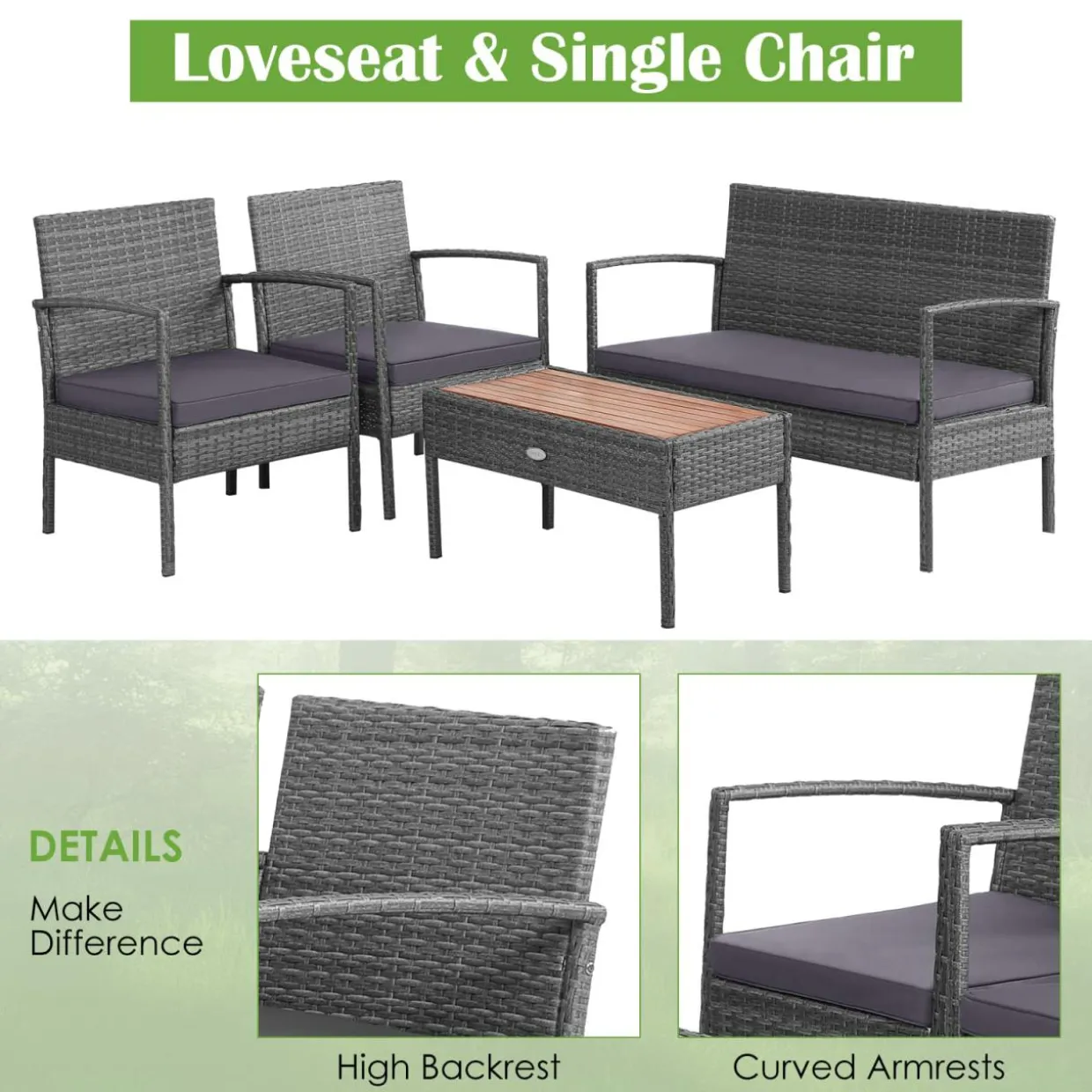 Outdoor Wicker Sofa Set W/Seat Cushions, Heavy-Duty Steel Frame, Garden