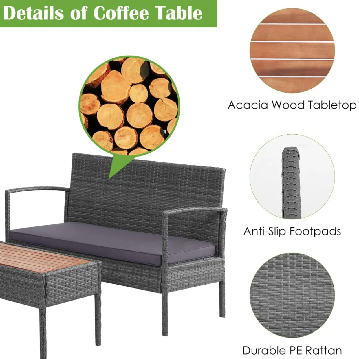 Outdoor Wicker Sofa Set W/Seat Cushions, Heavy-Duty Steel Frame, Garden
