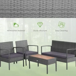 Outdoor Wicker Sofa Set W/Seat Cushions, Heavy-Duty Steel Frame, Garden