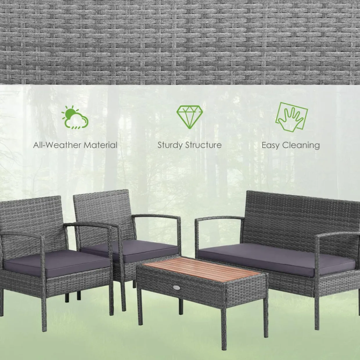 Outdoor Wicker Sofa Set W/Seat Cushions, Heavy-Duty Steel Frame, Garden