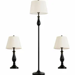3 Pack Lamp Set, 3-Piece Vintage Style Metal Base 2 Table Lamps and Floor Lamp Set