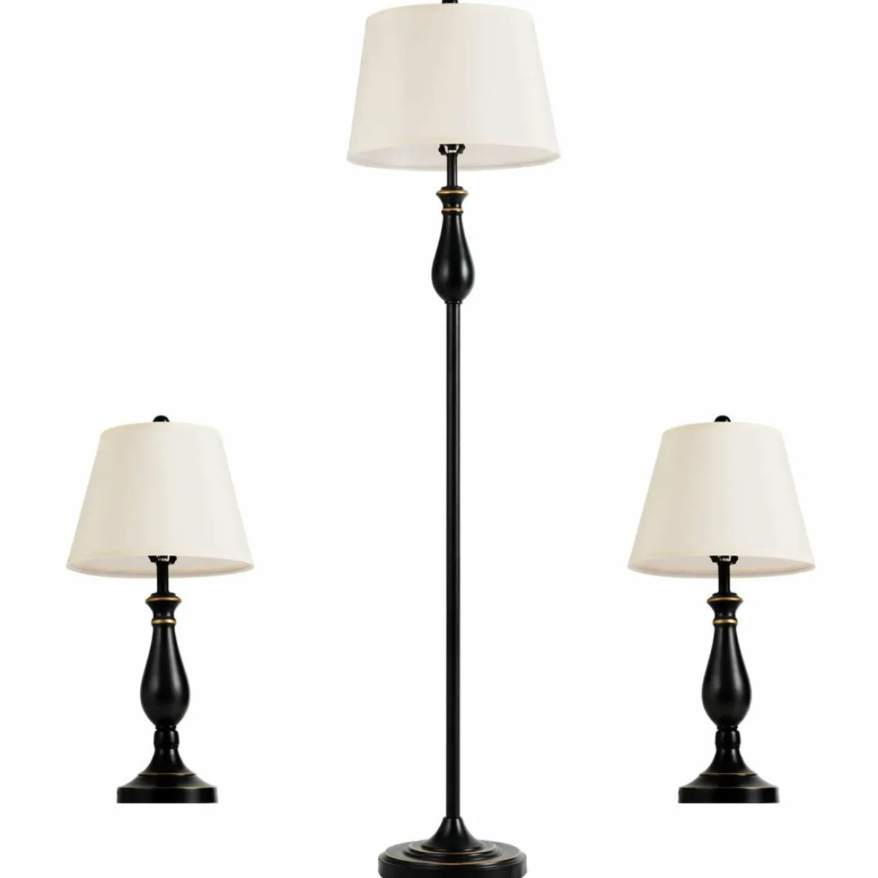 3 Pack Lamp Set, 3-Piece Vintage Style Metal Base 2 Table Lamps and Floor Lamp Set