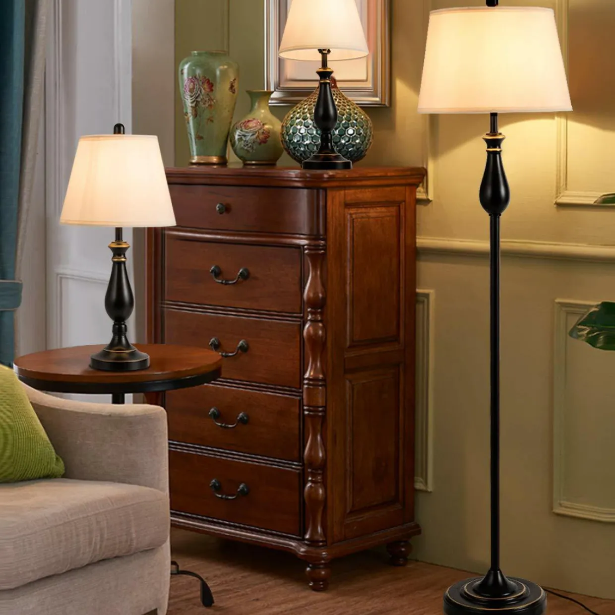 3 Pack Lamp Set, 3-Piece Vintage Style Metal Base 2 Table Lamps and Floor Lamp Set