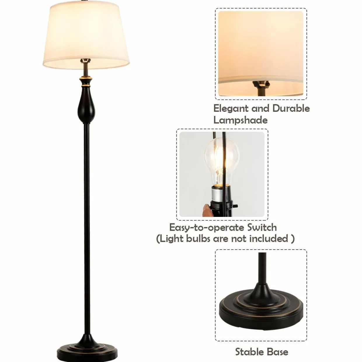 3 Pack Lamp Set, 3-Piece Vintage Style Metal Base 2 Table Lamps and Floor Lamp Set