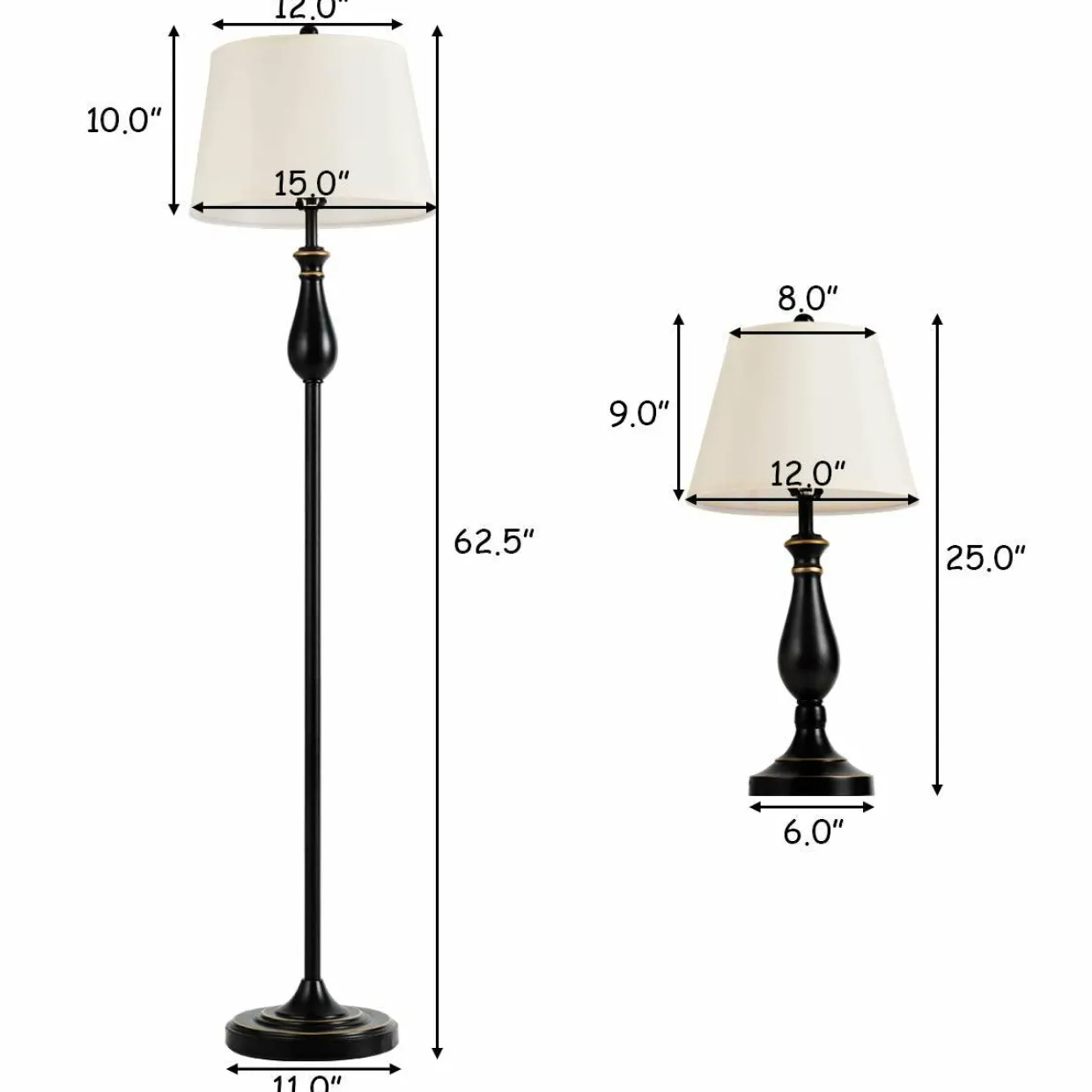 3 Pack Lamp Set, 3-Piece Vintage Style Metal Base 2 Table Lamps and Floor Lamp Set