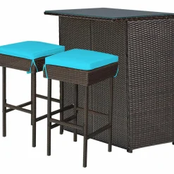 Patio Bar Set, 3 Piece Outdoor Rattan Wicker Bar Set with 2 Cushions Stools & Glass Top Table
