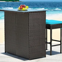 Patio Bar Set, 3 Piece Outdoor Rattan Wicker Bar Set with 2 Cushions Stools & Glass Top Table