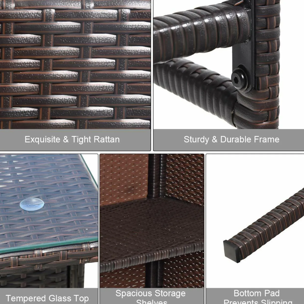 Patio Bar Set, 3 Piece Outdoor Rattan Wicker Bar Set with 2 Cushions Stools & Glass Top Table