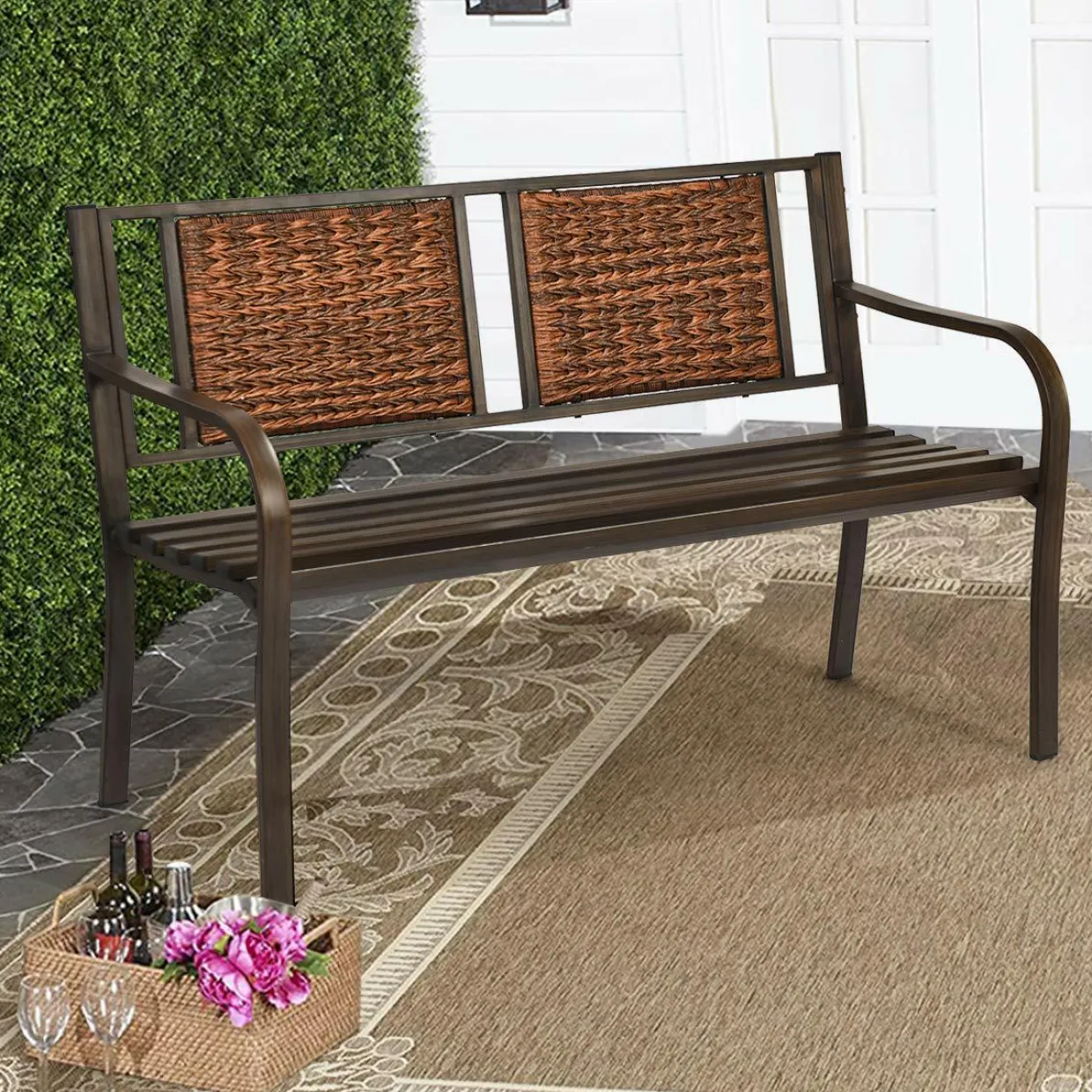 Patio Garden Bench with Wicker Backrest