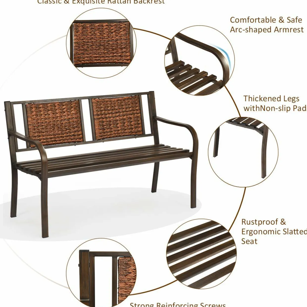 Patio Garden Bench with Wicker Backrest