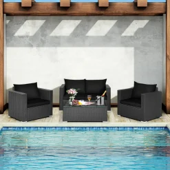 Patio Rattan Conversation Furniture Set, Outdoor Wicker Sofa Set with Padded Cushion & Tempered Glass Coffee Table
