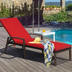 Patio Rattan Lounge Chair, Outdoor Reclining Chaise Louge with Cushion and Armrest