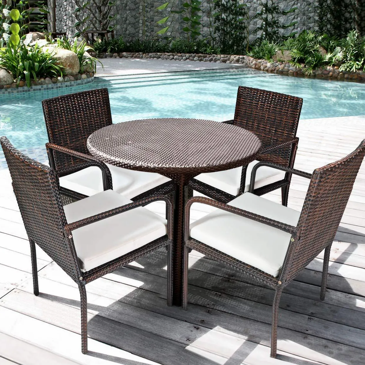 PATIOJOY Outdoor Patio Wicker Chairs Set of 4, with Heavy Duty Steel Frame and Soft Cushions (Brown)
