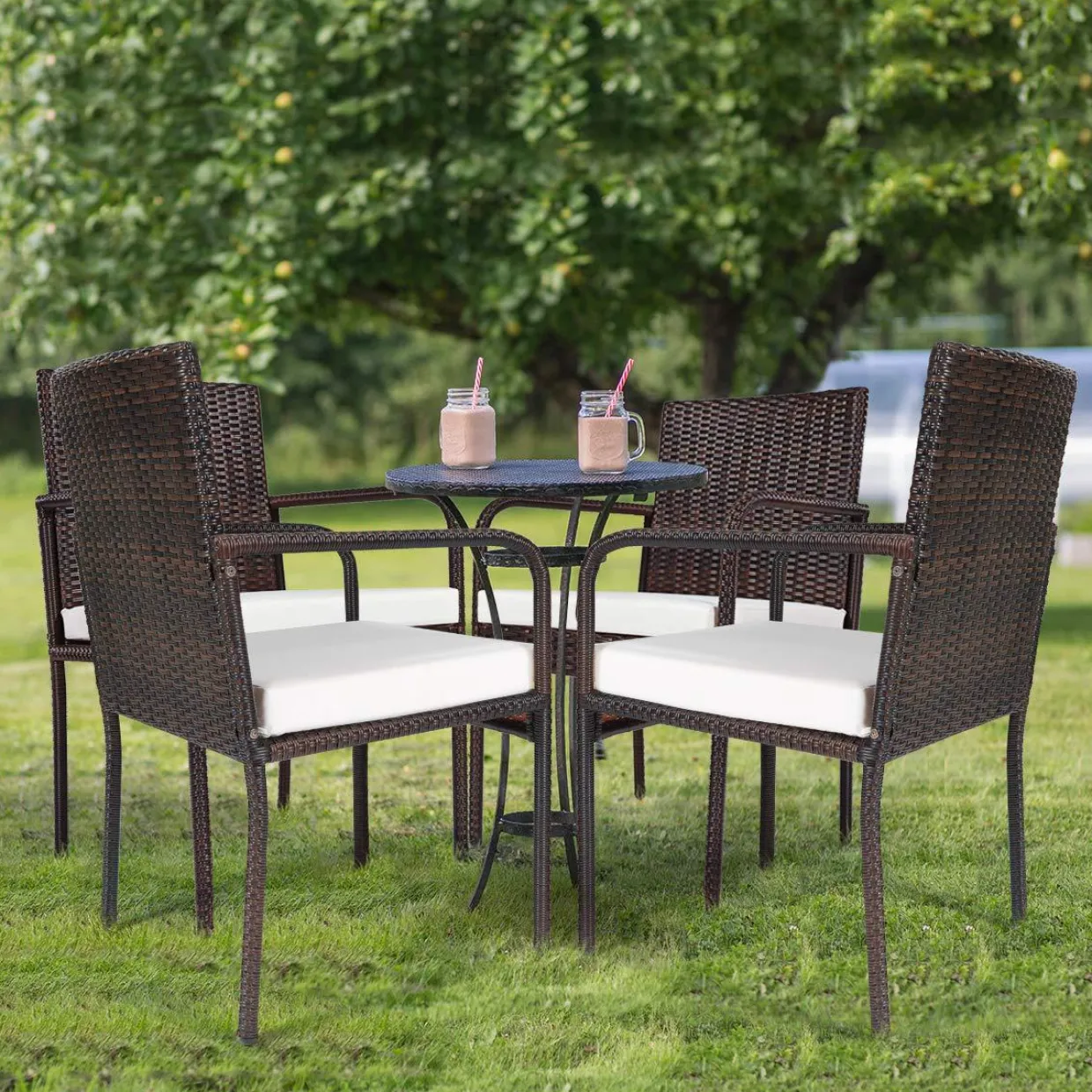 PATIOJOY Outdoor Patio Wicker Chairs Set of 4, with Heavy Duty Steel Frame and Soft Cushions (Brown)