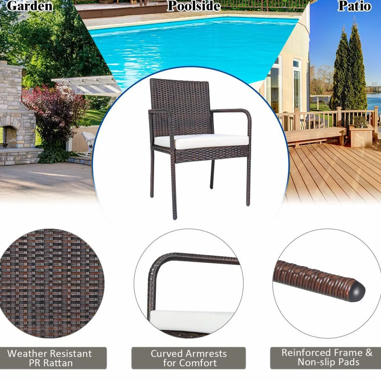 PATIOJOY Outdoor Patio Wicker Chairs Set of 4, with Heavy Duty Steel Frame and Soft Cushions (Brown)
