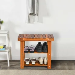 PATIOJOY Shoe Rack Bench, 3-Tier Shoe Organizer, Storage Shelf & Seat, Made of Sturdy Acacia Wood