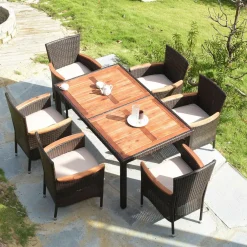 7 PCS Outdoor Patio Dining Set, Garden Dining Set w/Acacia Wood Table Top