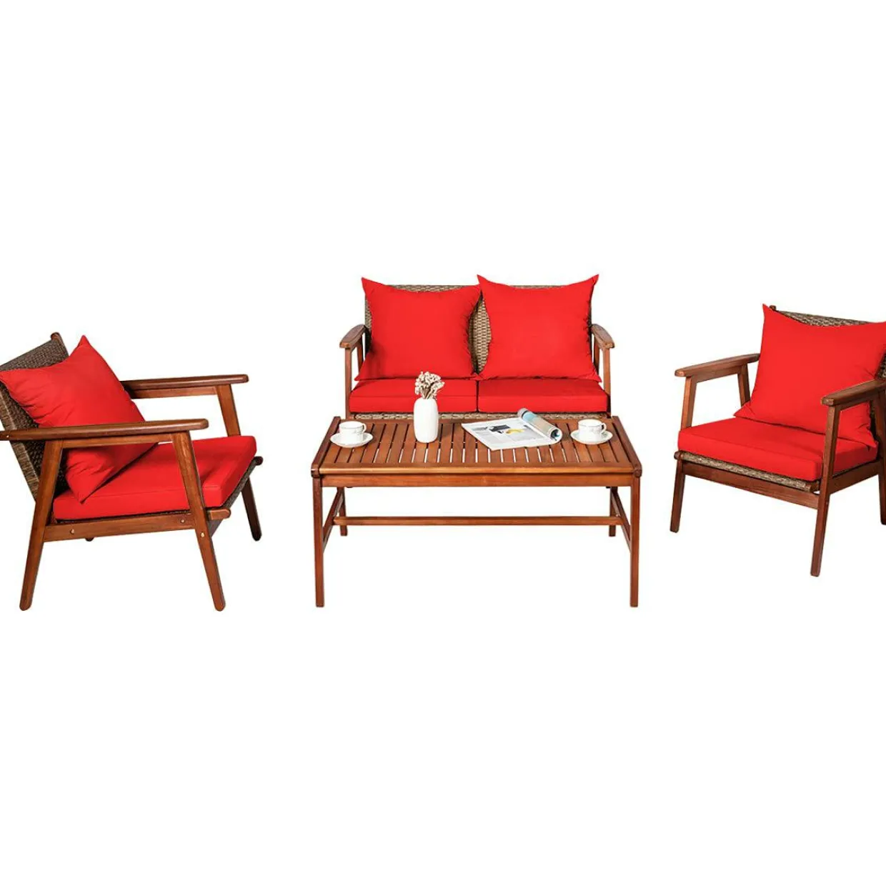 4/8PCS Patio Wood Sofa Set, Outdoor Acacia Wood Seating Chat Set with Cushions & Coffee Table