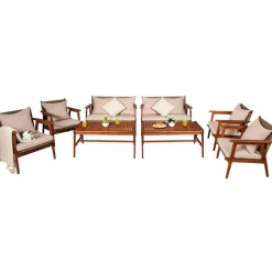 4/8PCS Patio Wood Sofa Set, Outdoor Acacia Wood Seating Chat Set with Cushions & Coffee Table