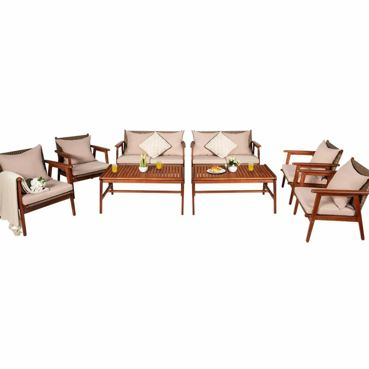 4/8PCS Patio Wood Sofa Set, Outdoor Acacia Wood Seating Chat Set with Cushions & Coffee Table