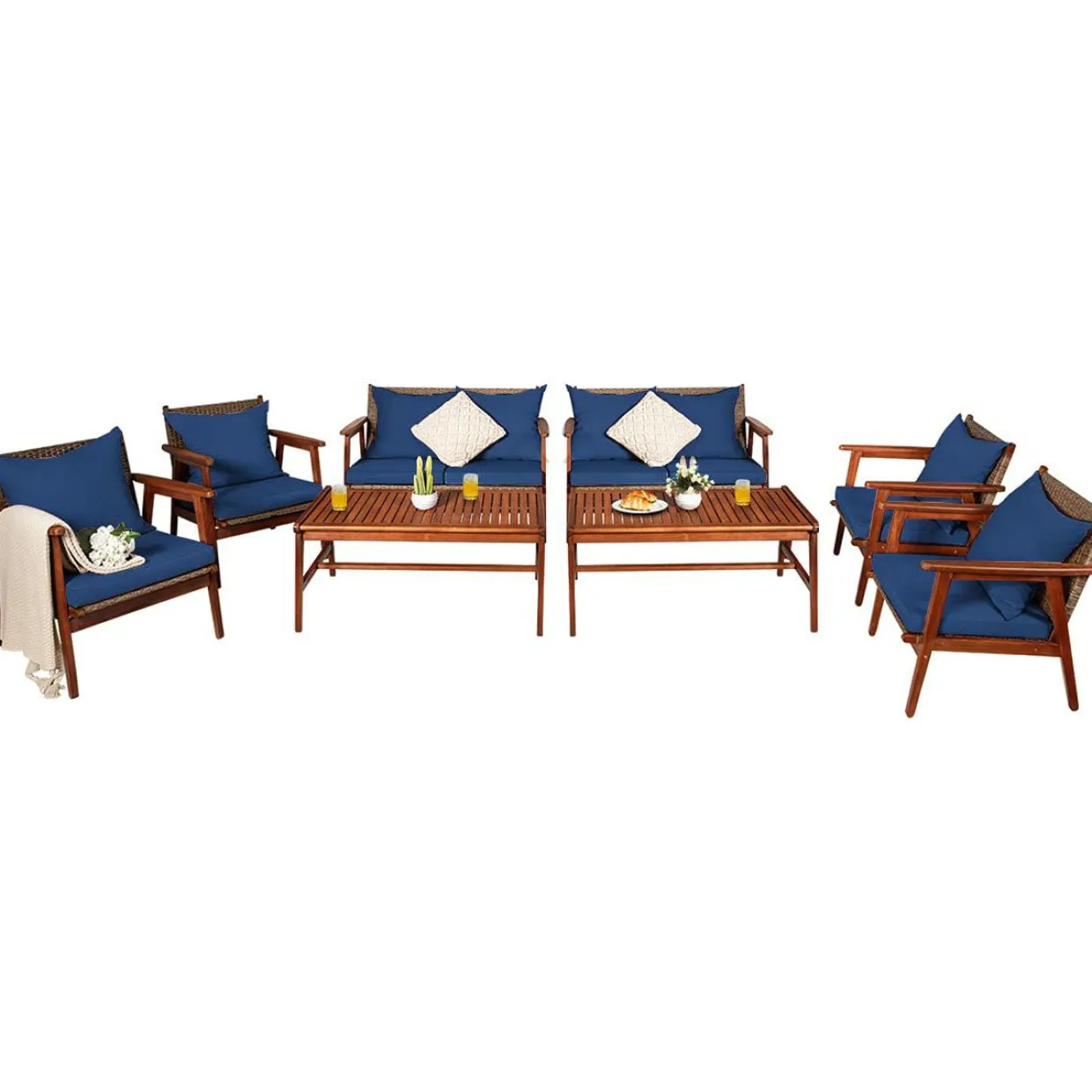 4/8PCS Patio Wood Sofa Set, Outdoor Acacia Wood Seating Chat Set with Cushions & Coffee Table