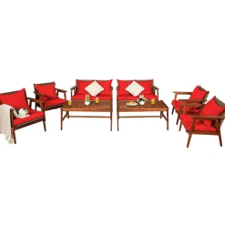 4/8PCS Patio Wood Sofa Set, Outdoor Acacia Wood Seating Chat Set with Cushions & Coffee Table