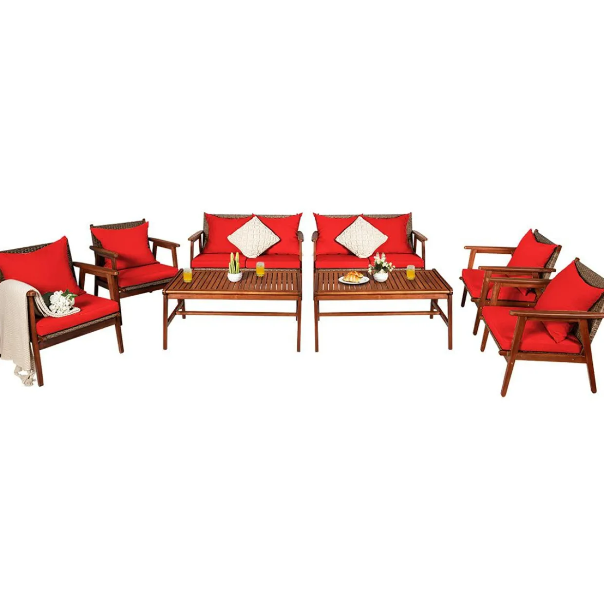 4/8PCS Patio Wood Sofa Set, Outdoor Acacia Wood Seating Chat Set with Cushions & Coffee Table