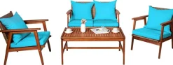 4/8PCS Patio Wood Sofa Set, Outdoor Acacia Wood Seating Chat Set with Cushions & Coffee Table