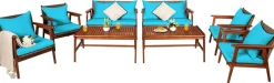 4/8PCS Patio Wood Sofa Set, Outdoor Acacia Wood Seating Chat Set with Cushions & Coffee Table