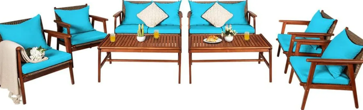 4/8PCS Patio Wood Sofa Set, Outdoor Acacia Wood Seating Chat Set with Cushions & Coffee Table