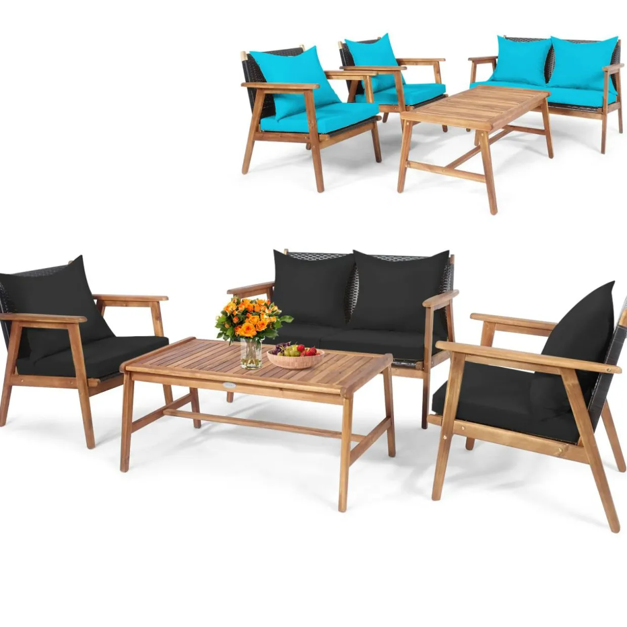 4/8PCS Patio Wood Sofa Set, Outdoor Acacia Wood Seating Chat Set with Cushions & Coffee Table