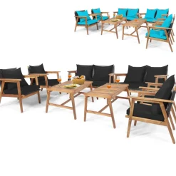 4/8PCS Patio Wood Sofa Set, Outdoor Acacia Wood Seating Chat Set with Cushions & Coffee Table