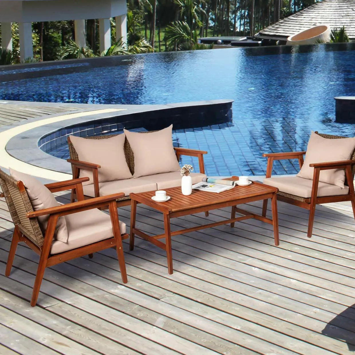 4/8PCS Patio Wood Sofa Set, Outdoor Acacia Wood Seating Chat Set with Cushions & Coffee Table
