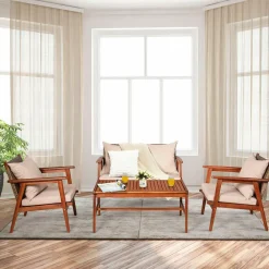 4/8PCS Patio Wood Sofa Set, Outdoor Acacia Wood Seating Chat Set with Cushions & Coffee Table